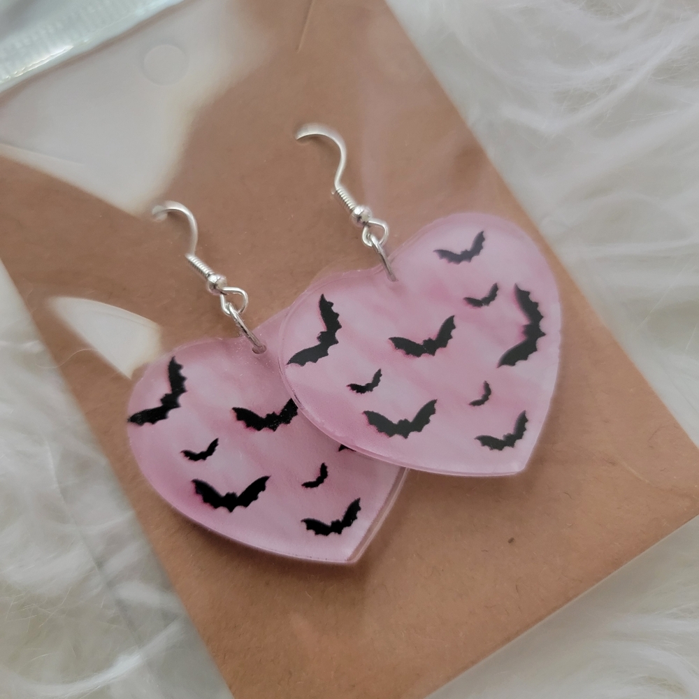 Pink Heart Earrings with Black Bat Design